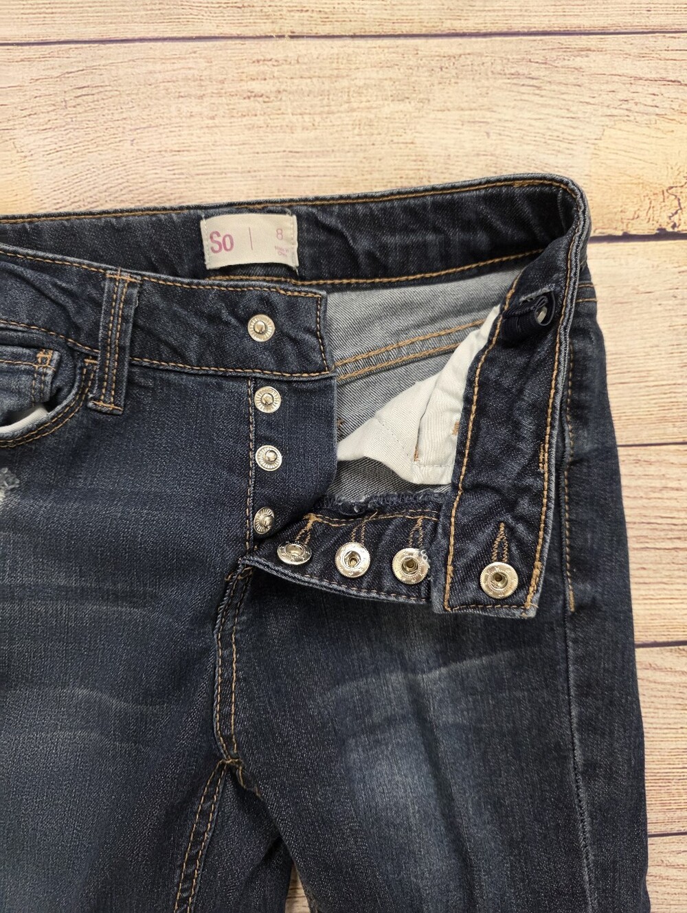 SO Dark Wash Distressed Button-Fly Jeans Size 8 - Picture 4 of 6